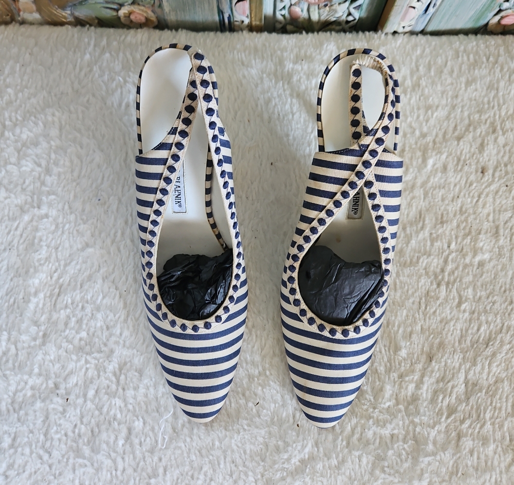 Manolo Blahnik Navy and White Striped Heels